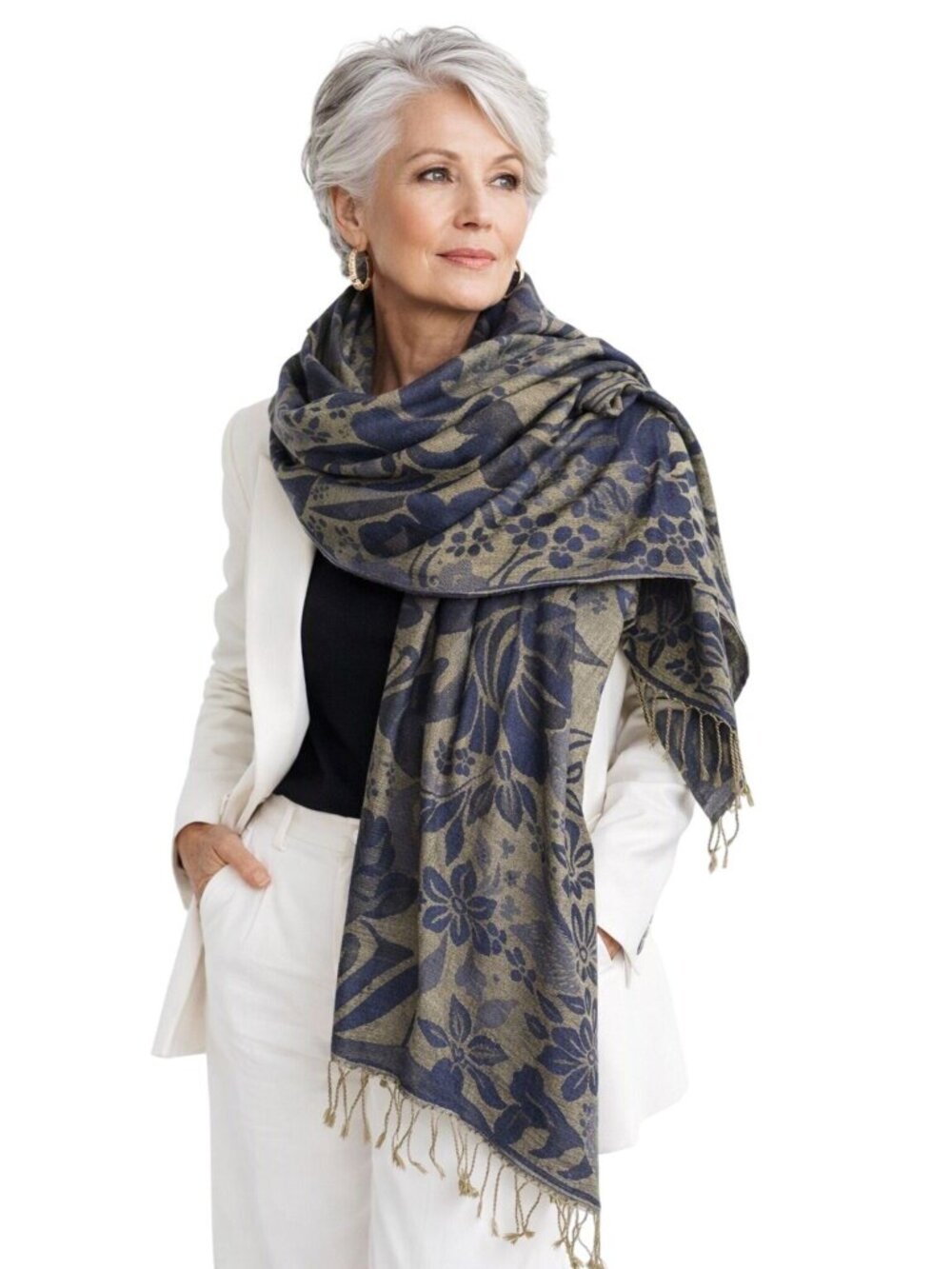 Floral Cashmere Scarf Fringe Blue Olive Green 100% Cashmere Soft Wrap Luxury